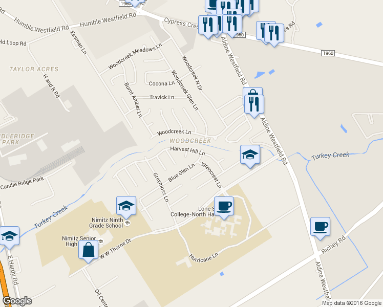 map of restaurants, bars, coffee shops, grocery stores, and more near 20706 Harvest Hill Lane in Houston