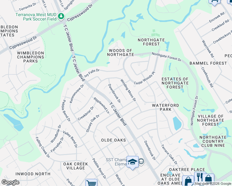 map of restaurants, bars, coffee shops, grocery stores, and more near 15618 Banty Falls Court in Houston