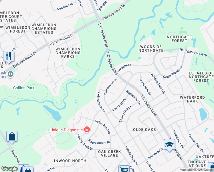 map of restaurants, bars, coffee shops, grocery stores, and more near 3418 Kennonview Drive in Houston