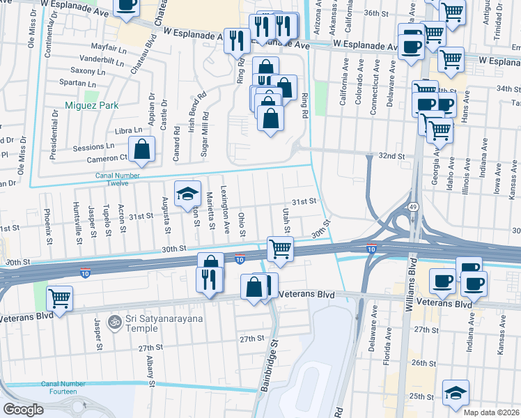 map of restaurants, bars, coffee shops, grocery stores, and more near 3122 Washington Street in Kenner