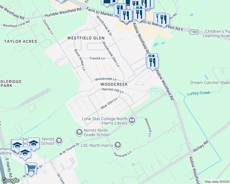 map of restaurants, bars, coffee shops, grocery stores, and more near 20706 Harvest Hill Lane in Houston