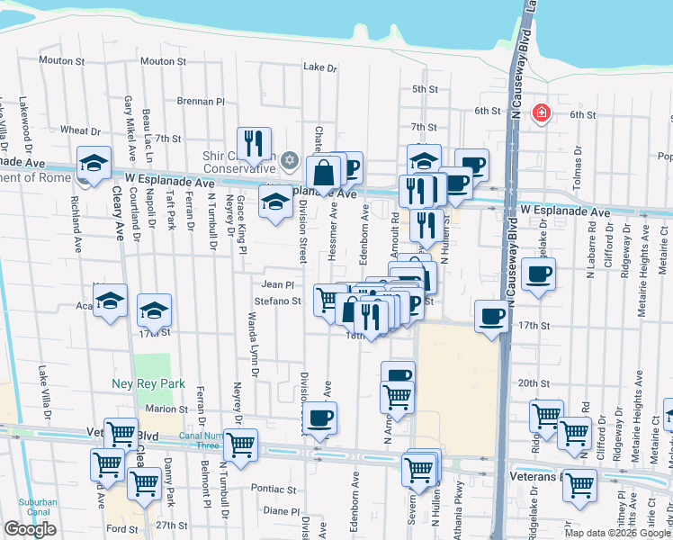 map of restaurants, bars, coffee shops, grocery stores, and more near 4202 Hessmer Avenue in Metairie