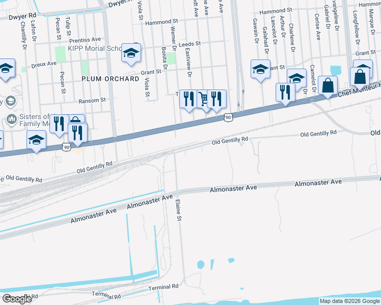 map of restaurants, bars, coffee shops, grocery stores, and more near 52333 Midlothan Street in New Orleans