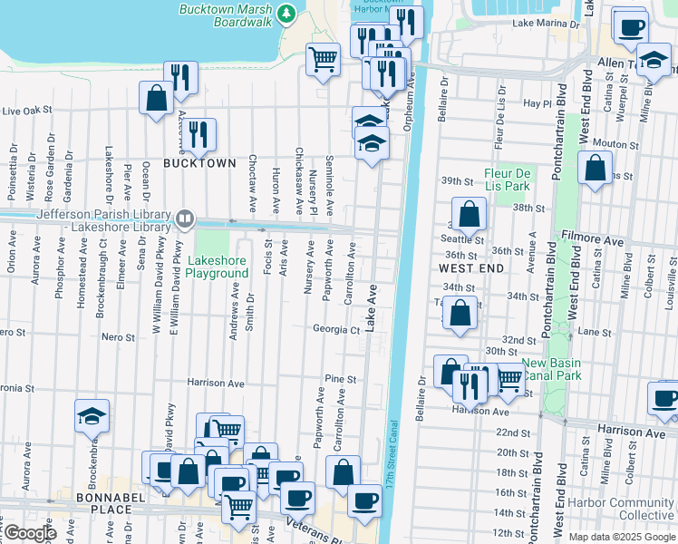 map of restaurants, bars, coffee shops, grocery stores, and more near 1516 Papworth Avenue in Metairie