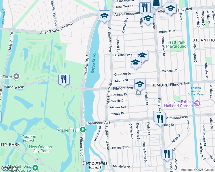 map of restaurants, bars, coffee shops, grocery stores, and more near 5376 Saint Bernard Avenue in New Orleans