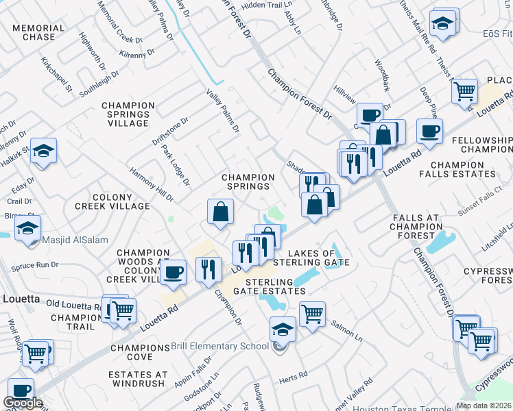 map of restaurants, bars, coffee shops, grocery stores, and more near 16914 Canyon Ridge Court in Spring