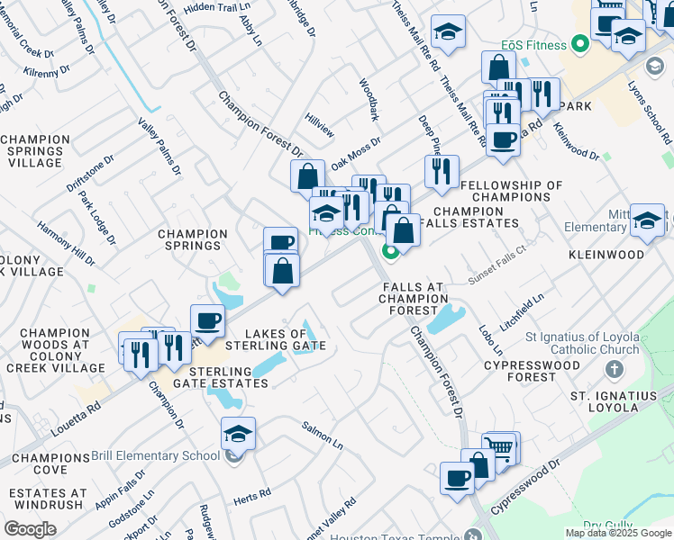 map of restaurants, bars, coffee shops, grocery stores, and more near 8317 Louetta Road in Spring
