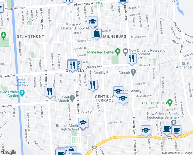 map of restaurants, bars, coffee shops, grocery stores, and more near 5174 Spain Street in New Orleans