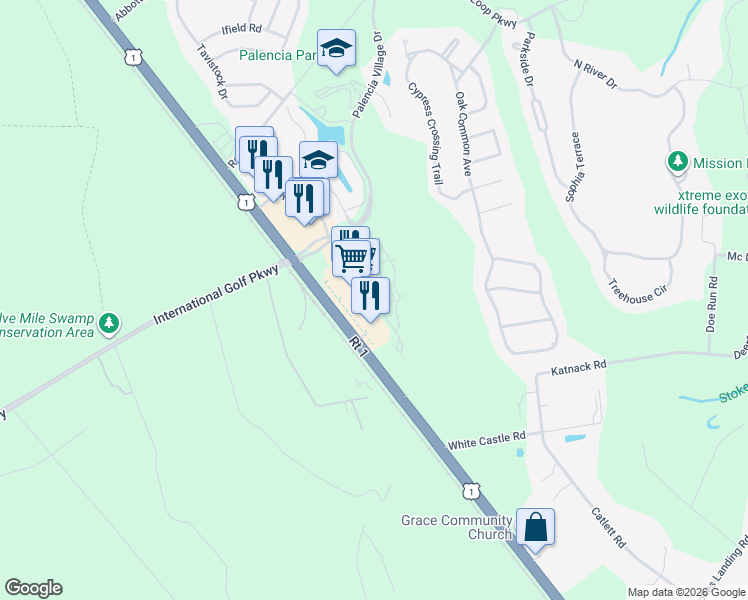 map of restaurants, bars, coffee shops, grocery stores, and more near 115 Calle el Jardin in St. Augustine