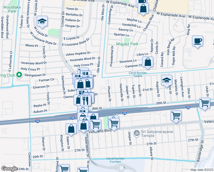 map of restaurants, bars, coffee shops, grocery stores, and more near 3121 Phoenix Street in Kenner
