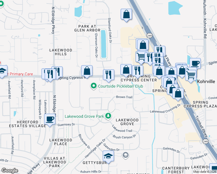 map of restaurants, bars, coffee shops, grocery stores, and more near 11613 Spring Cypress Road in Tomball