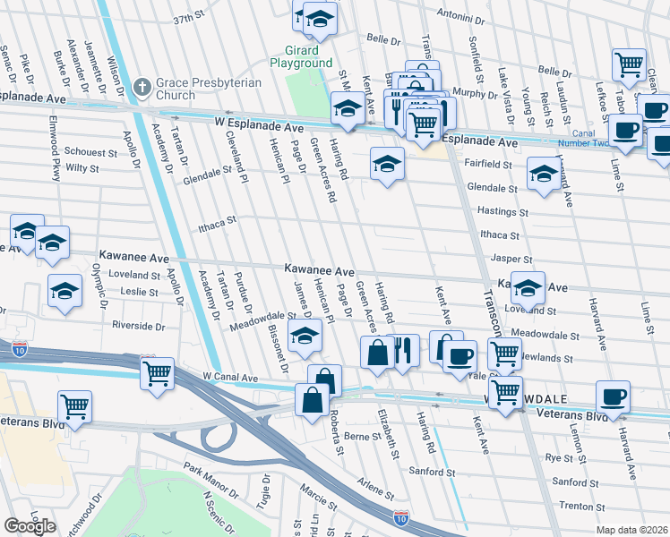 map of restaurants, bars, coffee shops, grocery stores, and more near 3809 Page Dr in Metairie