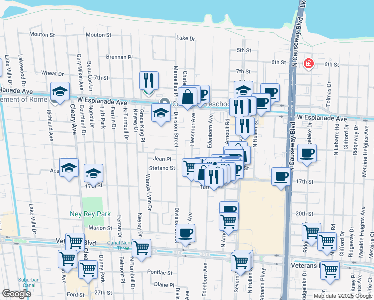 map of restaurants, bars, coffee shops, grocery stores, and more near 4202 Hessmer Avenue in Metairie