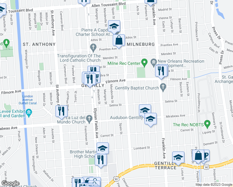 map of restaurants, bars, coffee shops, grocery stores, and more near 5176 Spain Street in New Orleans