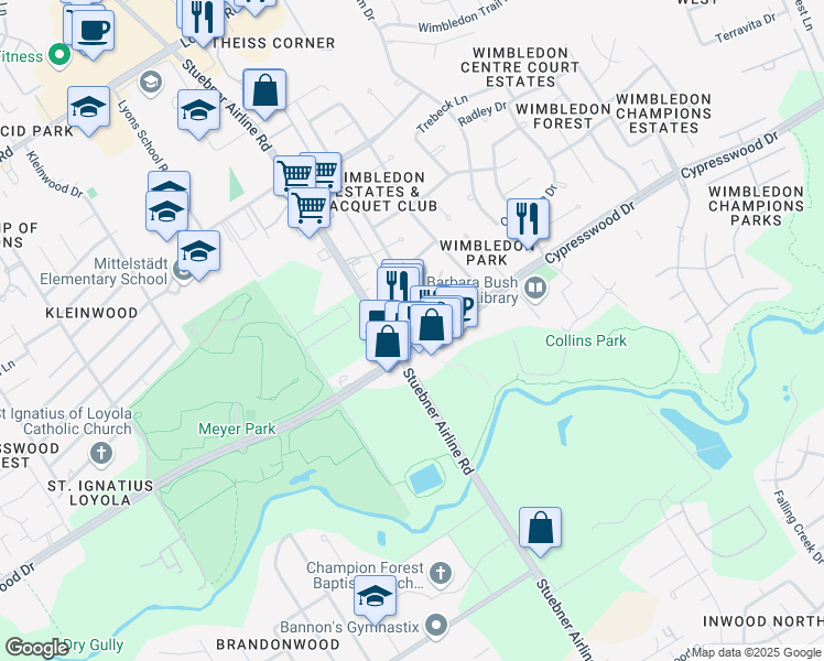 map of restaurants, bars, coffee shops, grocery stores, and more near 16011 Southampton Drive in Spring