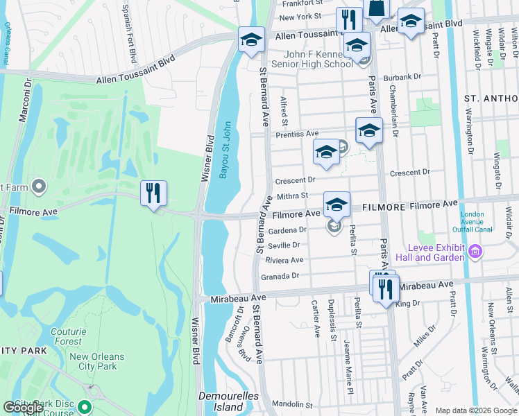 map of restaurants, bars, coffee shops, grocery stores, and more near 5376 Saint Bernard Avenue in New Orleans