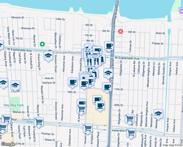 map of restaurants, bars, coffee shops, grocery stores, and more near 3420 Severn Avenue in Metairie