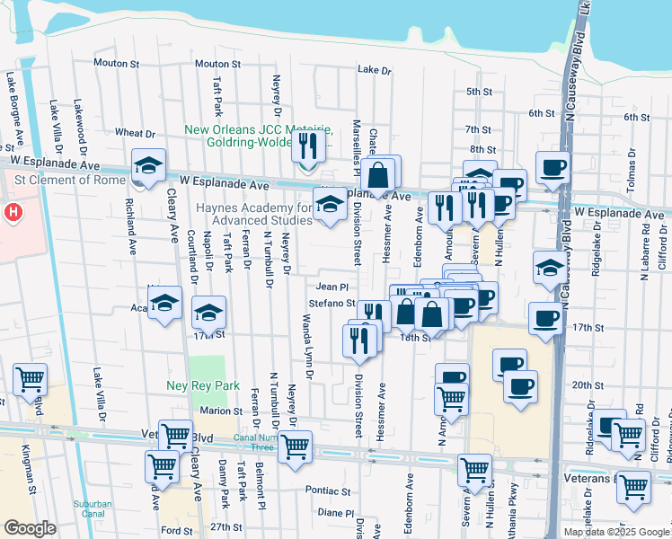 map of restaurants, bars, coffee shops, grocery stores, and more near 4300 Division Street in Metairie