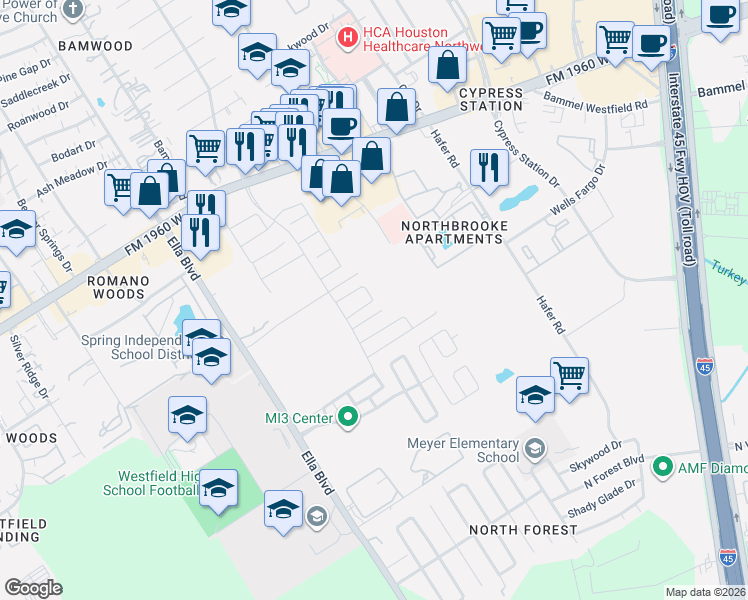 map of restaurants, bars, coffee shops, grocery stores, and more near 17111 Hafer Road in Houston