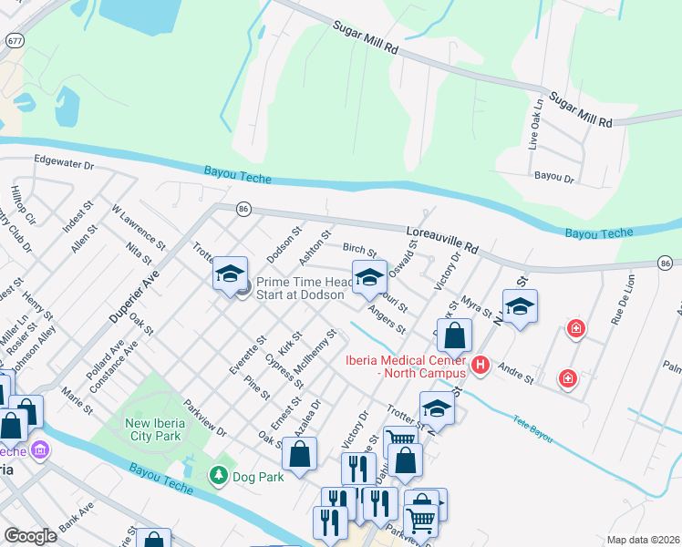 map of restaurants, bars, coffee shops, grocery stores, and more near 425 Missouri Street in New Iberia