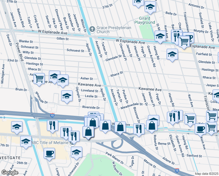 map of restaurants, bars, coffee shops, grocery stores, and more near 3800 Tartan Drive in Metairie