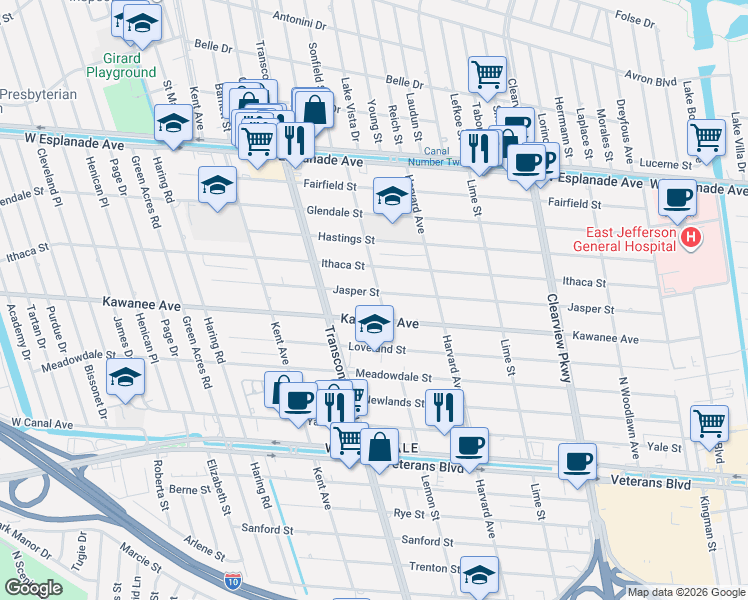 map of restaurants, bars, coffee shops, grocery stores, and more near 3900 Lemon Street in Metairie