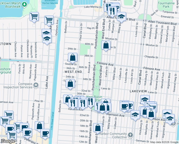 map of restaurants, bars, coffee shops, grocery stores, and more near 106 36th Street in New Orleans