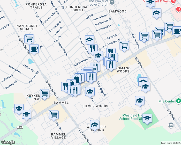 map of restaurants, bars, coffee shops, grocery stores, and more near 17050 Amarose Drive in Houston