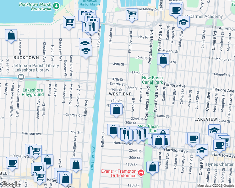 map of restaurants, bars, coffee shops, grocery stores, and more near 337 35th Street in New Orleans