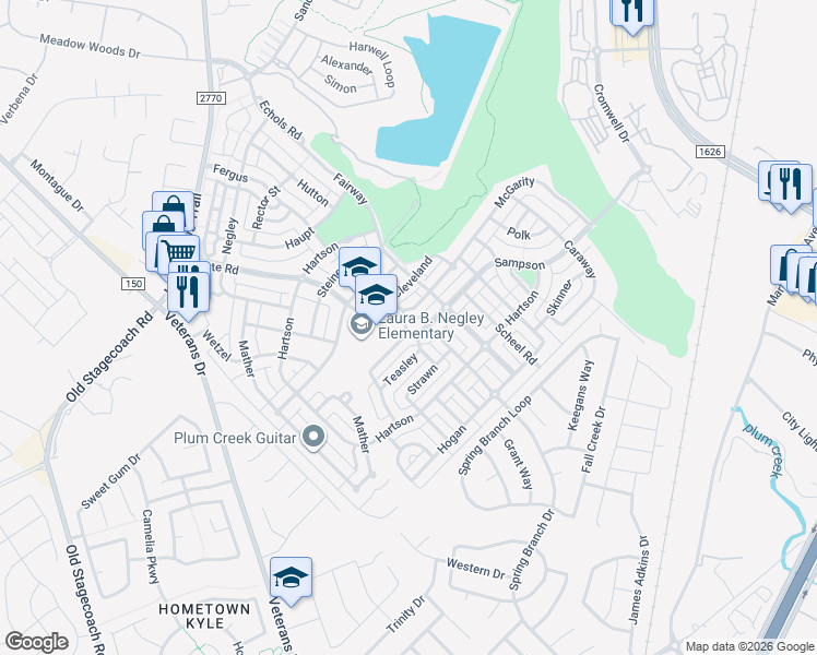 map of restaurants, bars, coffee shops, grocery stores, and more near 373 Sampson in Kyle