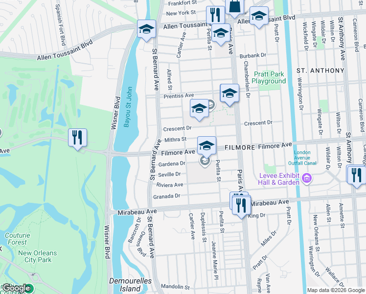 map of restaurants, bars, coffee shops, grocery stores, and more near 1438 Mithra Street in New Orleans