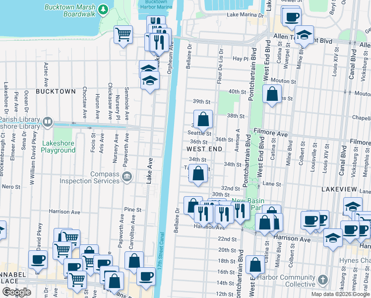 map of restaurants, bars, coffee shops, grocery stores, and more near 6572 Center Street in New Orleans
