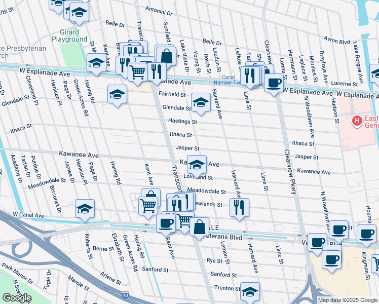 map of restaurants, bars, coffee shops, grocery stores, and more near 3900 Lemon Street in Metairie