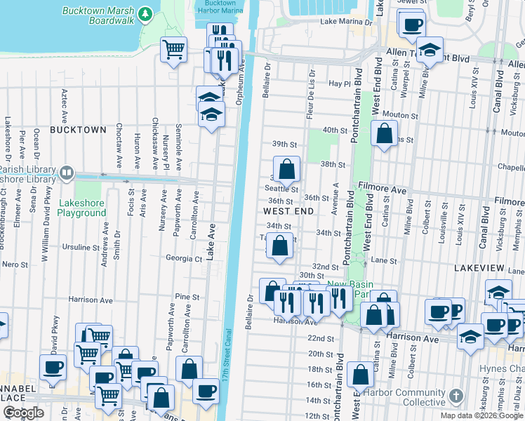 map of restaurants, bars, coffee shops, grocery stores, and more near 6572 Center Street in New Orleans