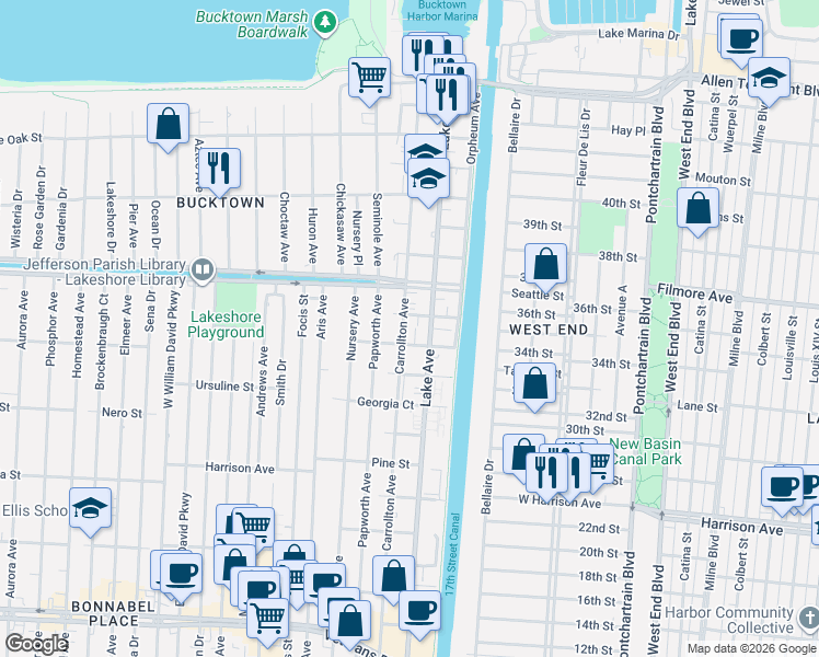 map of restaurants, bars, coffee shops, grocery stores, and more near 214 Chestnut Street in Metairie