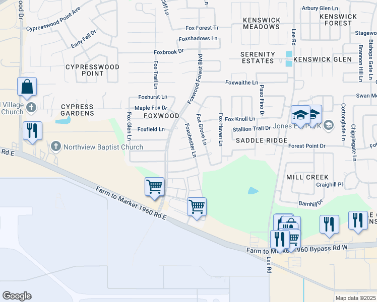 map of restaurants, bars, coffee shops, grocery stores, and more near 7226 Foxside Lane in Humble