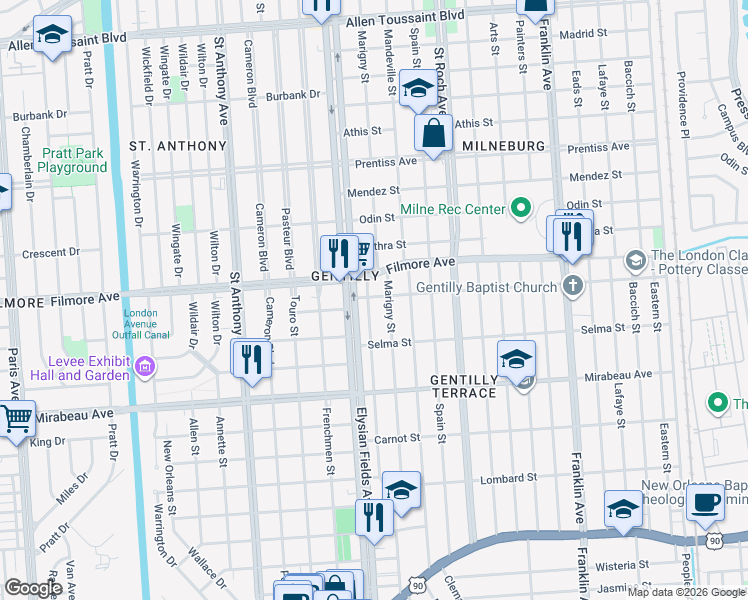 map of restaurants, bars, coffee shops, grocery stores, and more near 2251 Dreux Avenue in New Orleans