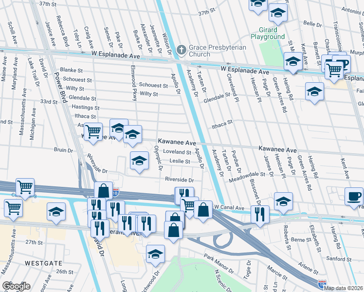 map of restaurants, bars, coffee shops, grocery stores, and more near 6300 Kawanee Avenue in Metairie