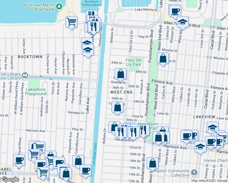 map of restaurants, bars, coffee shops, grocery stores, and more near 6572 Center Street in New Orleans