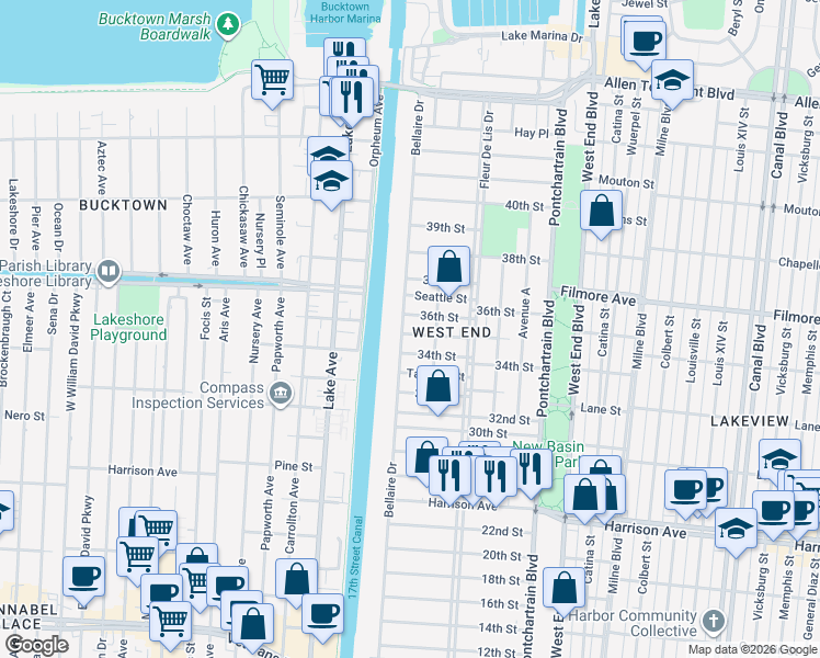 map of restaurants, bars, coffee shops, grocery stores, and more near 6572 Center Street in New Orleans