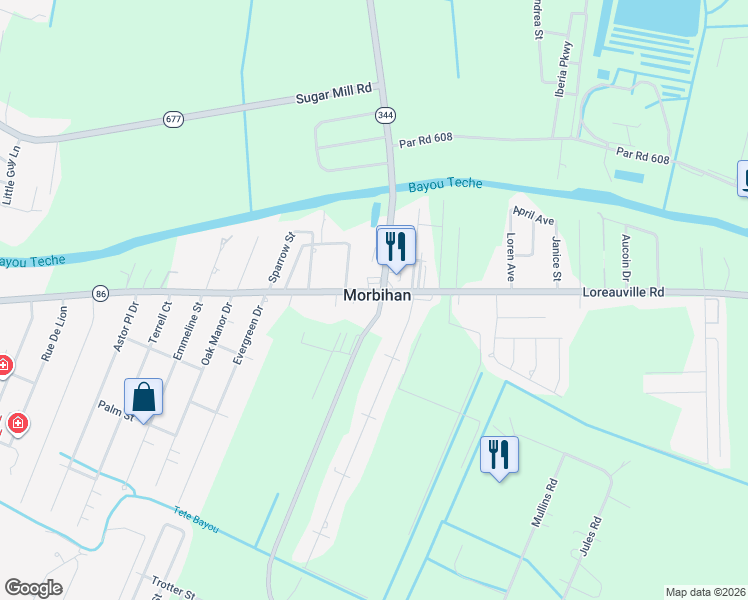 map of restaurants, bars, coffee shops, grocery stores, and more near 2912 Loreauville Road in New Iberia