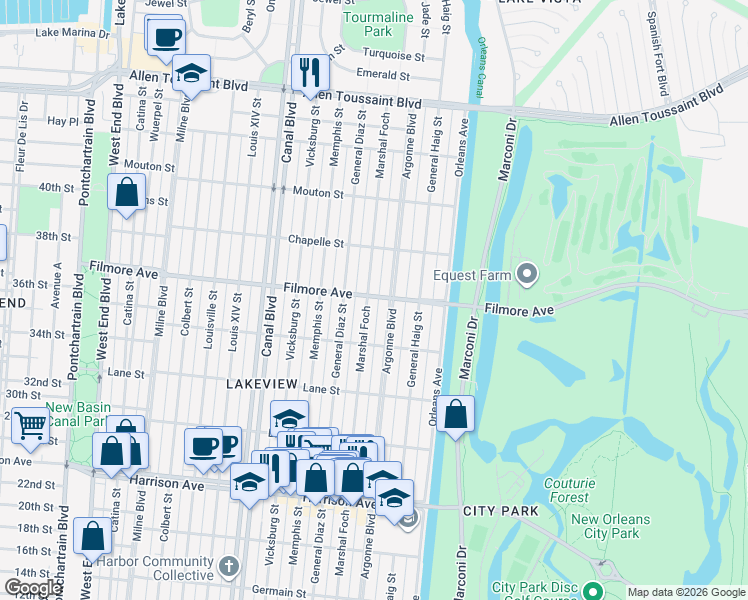 map of restaurants, bars, coffee shops, grocery stores, and more near 929 Filmore Avenue in New Orleans