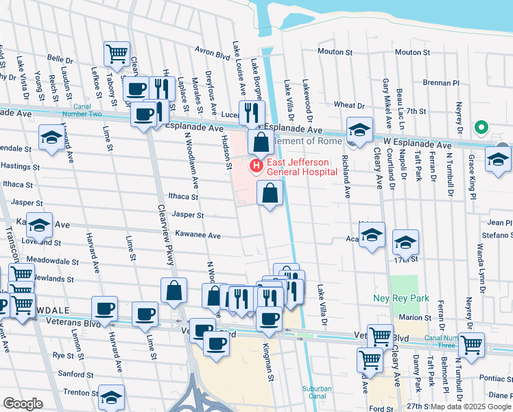 map of restaurants, bars, coffee shops, grocery stores, and more near 4204 Houma Boulevard in Metairie
