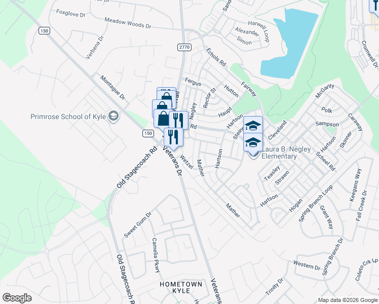 map of restaurants, bars, coffee shops, grocery stores, and more near 4024 Mather in Kyle