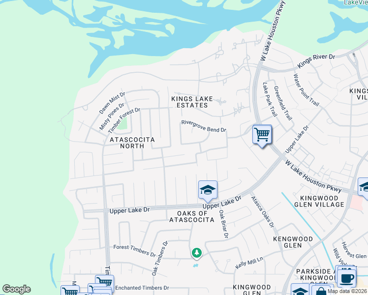 map of restaurants, bars, coffee shops, grocery stores, and more near 5810 Rivergrove Park Drive in Atascocita
