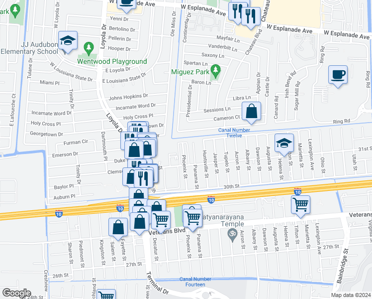 map of restaurants, bars, coffee shops, grocery stores, and more near 3124 Phoenix Street in Kenner