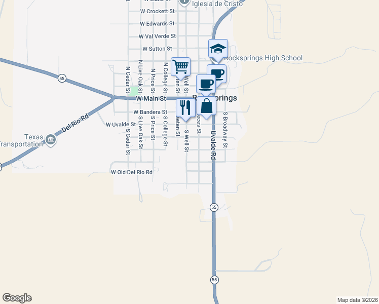 map of restaurants, bars, coffee shops, grocery stores, and more near 500 South Well Street in Rocksprings