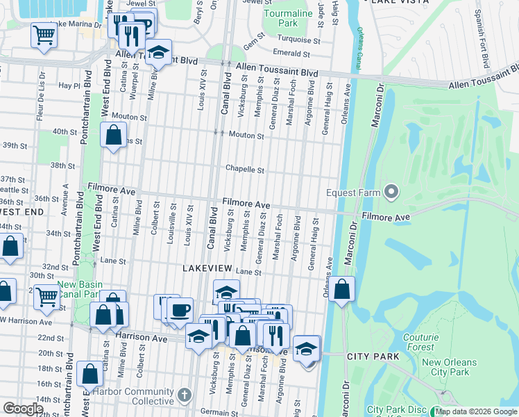 map of restaurants, bars, coffee shops, grocery stores, and more near 863 Filmore Avenue in New Orleans