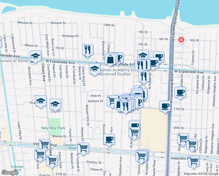 map of restaurants, bars, coffee shops, grocery stores, and more near 4202 Hessmer Avenue in Metairie