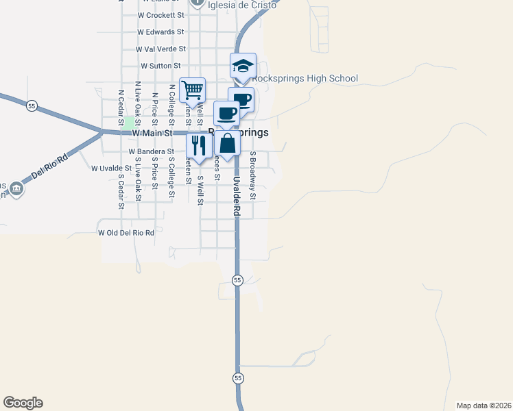 map of restaurants, bars, coffee shops, grocery stores, and more near 500 South Broadway Street in Rocksprings